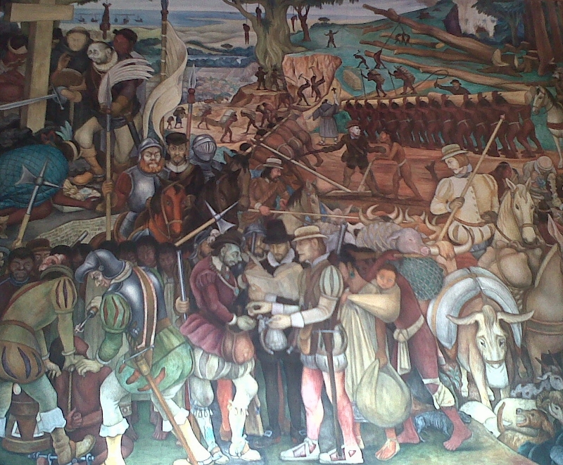 Affresco di Diego Rivera, Città del Messico. Si noti il colore verdaceo del volto di Cortes.